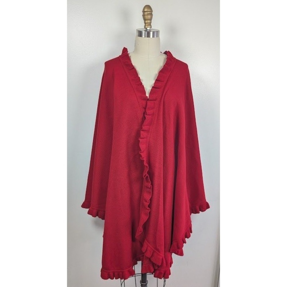 Lennie for Nina Leonard Knit Wrap Shawl Poncho Ruffle One Size Minimalist Red